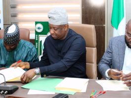 L-R: Permanent Secretary, Federal Ministry of Aviation and Aerospace Development; Mahmud Adam Kambari, FCNA, FICA, Hon. Minister of Aviation and Aerospace Development; Festus Keyamo SAN and Managing Director/ Chief Executive Officer, Verxid Technologies, Adedayo Bankole at the Signing of Concession Agreement for the Implementation of the Contactless Bio-Metric Verification System (V-PASS) at the Hon. Minister Conference Room, Abuja.