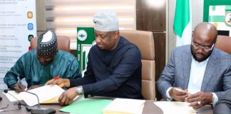 L-R: Permanent Secretary, Federal Ministry of Aviation and Aerospace Development; Mahmud Adam Kambari, FCNA, FICA, Hon. Minister of Aviation and Aerospace Development; Festus Keyamo SAN and Managing Director/ Chief Executive Officer, Verxid Technologies, Adedayo Bankole at the Signing of Concession Agreement for the Implementation of the Contactless Bio-Metric Verification System (V-PASS) at the Hon. Minister Conference Room, Abuja.