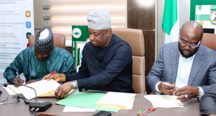 L-R: Permanent Secretary, Federal Ministry of Aviation and Aerospace Development; Mahmud Adam Kambari, FCNA, FICA, Hon. Minister of Aviation and Aerospace Development; Festus Keyamo SAN and Managing Director/ Chief Executive Officer, Verxid Technologies, Adedayo Bankole at the Signing of Concession Agreement for the Implementation of the Contactless Bio-Metric Verification System (V-PASS) at the Hon. Minister Conference Room, Abuja.
