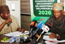 L-R: Permanent Secretary, Federal Ministry of Aviation and Aerospace Development; Mahmud Adam Kambari, FCNA, FICA and the Hon. Minister of Aviation and Aerospace Development; Festus Keyamo SAN during the First Quarter Citizens/ Stakeholders' Engagement on Ministerial Deliverables 2026.