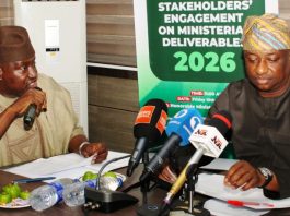 L-R: Permanent Secretary, Federal Ministry of Aviation and Aerospace Development; Mahmud Adam Kambari, FCNA, FICA and the Hon. Minister of Aviation and Aerospace Development; Festus Keyamo SAN during the First Quarter Citizens/ Stakeholders' Engagement on Ministerial Deliverables 2026.