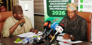 L-R: Permanent Secretary, Federal Ministry of Aviation and Aerospace Development; Mahmud Adam Kambari, FCNA, FICA and the Hon. Minister of Aviation and Aerospace Development; Festus Keyamo SAN during the First Quarter Citizens/ Stakeholders' Engagement on Ministerial Deliverables 2026.