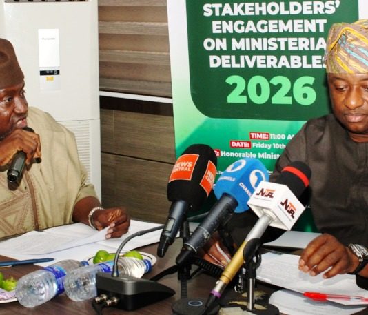 L-R: Permanent Secretary, Federal Ministry of Aviation and Aerospace Development; Mahmud Adam Kambari, FCNA, FICA and the Hon. Minister of Aviation and Aerospace Development; Festus Keyamo SAN during the First Quarter Citizens/ Stakeholders' Engagement on Ministerial Deliverables 2026.