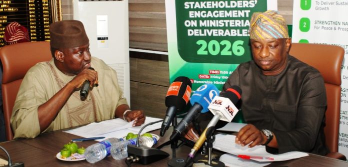 L-R: Permanent Secretary, Federal Ministry of Aviation and Aerospace Development; Mahmud Adam Kambari, FCNA, FICA and the Hon. Minister of Aviation and Aerospace Development; Festus Keyamo SAN during the First Quarter Citizens/ Stakeholders' Engagement on Ministerial Deliverables 2026.