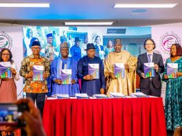 (L-R) Rep. of the Executive Chairman of the Economic and Financial Crimes Commission (EFCC), Ola Olukoyede; Fmr. Governor of Anambra State, H.E Peter Obi; Rep. of the Secretary to the Government of the Federation, Permanent Secretary, (GSO), Dr. Ibrahim Abubakar Kana, mni; the Fmr. President, Federal Republic of Nigeria, H.E Goodluck Ebele Jonathan, GCFR; the Special Adviser on General Duties to the Vice President of Nigeria, Aliyu Modibo Umar and the Executive Director, Goodluck Jonathan Foundation, Ann Iyonu, displaying the Report on strengthening the nexus between democracy and economic growth in Nigeria organised by Goodluck Jonathan Foundation at Transcorp Hilton Hotel, Abuja on Thursday, 9th April, 2026.