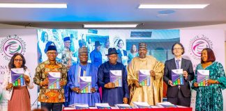 (L-R) Rep. of the Executive Chairman of the Economic and Financial Crimes Commission (EFCC), Ola Olukoyede; Fmr. Governor of Anambra State, H.E Peter Obi; Rep. of the Secretary to the Government of the Federation, Permanent Secretary, (GSO), Dr. Ibrahim Abubakar Kana, mni; the Fmr. President, Federal Republic of Nigeria, H.E Goodluck Ebele Jonathan, GCFR; the Special Adviser on General Duties to the Vice President of Nigeria, Aliyu Modibo Umar and the Executive Director, Goodluck Jonathan Foundation, Ann Iyonu, displaying the Report on strengthening the nexus between democracy and economic growth in Nigeria organised by Goodluck Jonathan Foundation at Transcorp Hilton Hotel, Abuja on Thursday, 9th April, 2026.