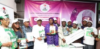 The Permanent Secretary FMOHSW Daju Kachollom, representing the Coordinating Minister of Health, Professor Muhammad Ali (Center) flanked by her right, Dr. Muyi Aina, DG, NPHCDA, 2nd by right is Dr. Martin Joseph, representing Dr. Pavel Ursa, Country Representative WHO; and 1st by her right is Dr. Kamil Shoretire, PS Designate and Director Health Planning Research and Statistics at 2026 Safe Motherhood Day and launching of policy document on maternal and neonatal health care.