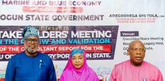 The Permanent Secretary, Federal Ministry of Marine and Blue Economy, FMMBE, Mrs. Fatima Sugra Tabi'a Mahmood, (m), the representative of the Ogun State Governor and Ogun State Commissioner for Transport, Engr. Gbenga Dairo (l) and the Director, Maritime Services Department, FMMBE, Oyinloye Adeola Meshack at the Stakeholders meeting on the review and validation of the report by the consultants for the Ijebu-Ode Inland Dry Port in Abeokuta.