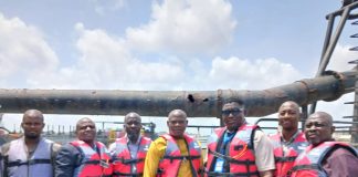 The Director, Maritime Services, Federal Ministry of Marine and Blue Economy, FMMBE, Mr. Oyinloye Adeola Meshack & Staff on board the dredger, SD Gumel for first- hand assessment of the Joint Venture operated by Lagos Channel Management Limited.