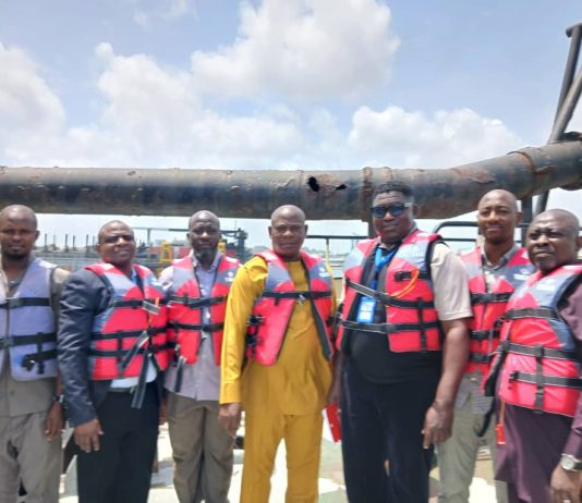 The Director, Maritime Services, Federal Ministry of Marine and Blue Economy, FMMBE, Mr. Oyinloye Adeola Meshack & Staff on board the dredger, SD Gumel for first- hand assessment of the Joint Venture operated by Lagos Channel Management Limited.