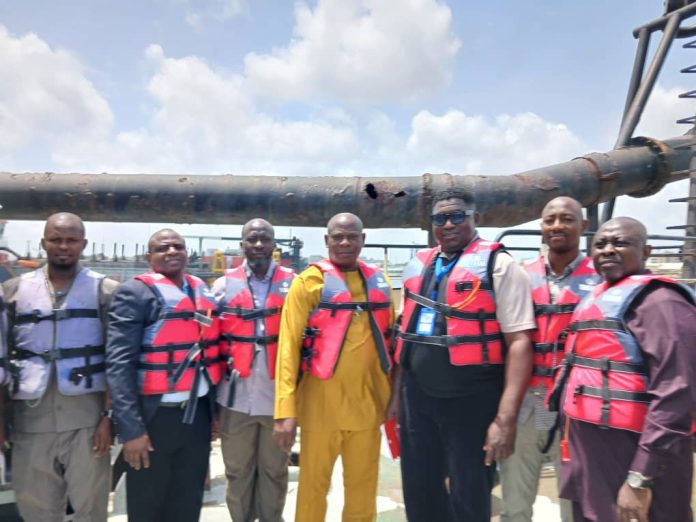The Director, Maritime Services, Federal Ministry of Marine and Blue Economy, FMMBE, Mr. Oyinloye Adeola Meshack & Staff on board the dredger, SD Gumel for first- hand assessment of the Joint Venture operated by Lagos Channel Management Limited.