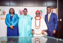 (L-R) Permanent Secretary FMOHSW, Daju Kachollom S. mni, Dr. Iziaq Adekunle Salako, Honourable Minister of State for Health and Social Welfare, His Royal Merjesty, Engineer Michael Ogheneove Orugbo, Okporua I, Ovie of Udu kingdom, and Dr. Ben Nwoye, Deputy National Chairman,APC South in a group Photograph during a courtesy visit to the office of the Honourable Minister of State, in Abuja