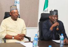 R-L: Permanent Secretary, Federal Ministry of Aviation and Aerospace Development; Mahmud Adam Kambari FNCA FICA, with Director General / Chief Executive Officer, Nigerian Safety Investigative Bureau; Capt. Alex Sabundu Badeh during a Courtesy visit to the Agency.