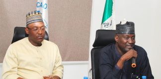 R-L: Permanent Secretary, Federal Ministry of Aviation and Aerospace Development; Mahmud Adam Kambari FNCA FICA, with Director General / Chief Executive Officer, Nigerian Safety Investigative Bureau; Capt. Alex Sabundu Badeh during a Courtesy visit to the Agency.