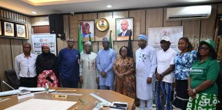 4th L: RMAFC Chairman, Dr. Mohammed Bello Shehu OFR; 5th L: Dr. Olubunmi Tunji-Ojo; 6th L: Permanent Secretary, Ministry of Interior, Dr. Magdalene Ajani in a group photograph with members of the Commission and Directors of the Ministry of Interior.