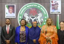 L-R: Technical Aide to the Honourable Minister, FMMBE, Dr. Charles Okaga, Director, Planning Research & Statistics, FMMBE, Kalthum Ibrahim, Director, Marine Conservation and Innovation Technology, FMMBE, Hussaini Shettima, Director Fisheries & Aquaculture, FMMBE, Omoragbon Wellington, Cross River State Commissioner of Finance, Michael Oder, Worldbank Consultant, Felicia Mogo, Permanent Secretary, FMMBE, Fatima Sugra Tabi'a Mahmood, Worldbank Consultant, Chiamaka Mogo, Worldbank Consultant, Yolanda Molares, Worldbank Consultant, Anxo López ICSEM, SSA to the President on Marine and Blue Economy, Prof. Busayo Fakinlede and the Dean Faculty of Oceanography, University of Calabar, Prof. Francis M. Nwosu.
