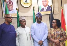 2nd R: Hon. Minister of Interior, Dr. Olubunmi Tunji-Ojo; 1st R: Permanent Secretary, Ministry of Interior, Dr. Magdalene Ajani; 2nd L: Hon. Chairman, RMAFC, Dr. Mohammed Bello Shehu, OFR; L Hon. Enefe Ekene during the visit.