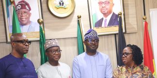 2nd R: Hon. Minister of Interior, Dr. Olubunmi Tunji-Ojo; 1st R: Permanent Secretary, Ministry of Interior, Dr. Magdalene Ajani; 2nd L: Hon. Chairman, RMAFC, Dr. Mohammed Bello Shehu, OFR; L Hon. Enefe Ekene during the visit.