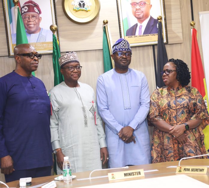 IMG-20260416-WA0074 2nd R: Hon. Minister of Interior, Dr. Olubunmi Tunji-Ojo; 1st R: Permanent Secretary, Ministry of Interior, Dr. Magdalene Ajani; 2nd L: Hon. Chairman, RMAFC, Dr. Mohammed Bello Shehu, OFR; L Hon. Enefe Ekene during the visit.