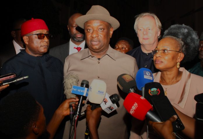 L-R: Vice President, Airline Operators of Nigeria; Dr. Allen Onyema (Chief Executive Officer, Air Peace), Hon. Minister of Aviation and Aerospace Development; Festus Keyamo SAN and the Representative of the Hon. Minister of State (Oil) of Ministry of Petroleum Resources; (The Permanent Secretary) Mrs. Patience Nayakunle at the Meeting with the Nigerian Upstream Petroleum Regulatory Commission (NUPRC) and Nigerian Midstream and Downstream Petroleum Regulatory Authority (NMDPRA) on the Astronomical rise in Jet A1 Fuel.
