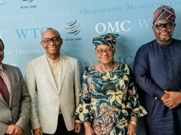 L-R: Dr. Bright Okogu, Chief of Staff to DG, WTO, Director-General of Bureau of Public Procurement (BPP), Dr. Adebowale A. Adedokun, FCIPS, and Director-General, of the World Trade Organization (WTO), Dr. Ngozi Okonjo-Iweala and Mr. Sunday Eyo Edem, Permanent Mission of Nigeria to the United Nations, during an unscheduled visit of the DG BPP to WTO Headquaters, in Geneva, Switzerland