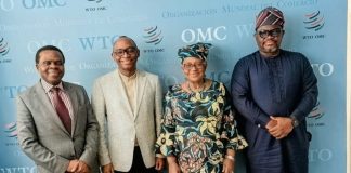 L-R: Dr. Bright Okogu, Chief of Staff to DG, WTO, Director-General of Bureau of Public Procurement (BPP), Dr. Adebowale A. Adedokun, FCIPS, and Director-General, of the World Trade Organization (WTO), Dr. Ngozi Okonjo-Iweala and Mr. Sunday Eyo Edem, Permanent Mission of Nigeria to the United Nations, during an unscheduled visit of the DG BPP to WTO Headquaters, in Geneva, Switzerland