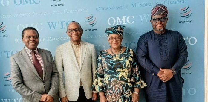 L-R: Dr. Bright Okogu, Chief of Staff to DG, WTO, Director-General of Bureau of Public Procurement (BPP), Dr. Adebowale A. Adedokun, FCIPS, and Director-General, of the World Trade Organization (WTO), Dr. Ngozi Okonjo-Iweala and Mr. Sunday Eyo Edem, Permanent Mission of Nigeria to the United Nations, during an unscheduled visit of the DG BPP to WTO Headquaters, in Geneva, Switzerland