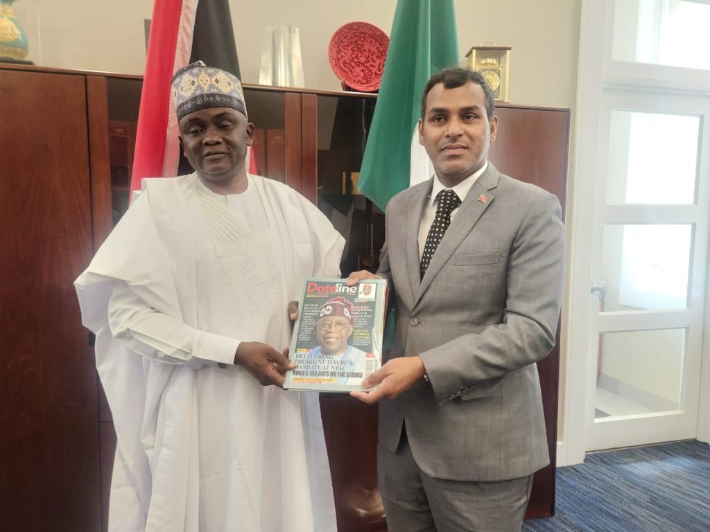 Dg NTAC, Rt. Hon. Yusuf Buba Yakub presents Souvenirs to the Minister of Foreign and CARICOM Affairs, T&T Honourable Sean Sobers.