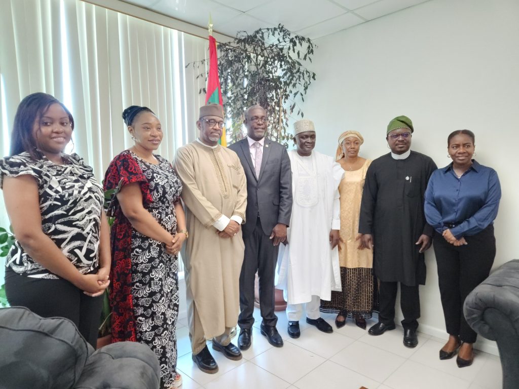 FROM L-R  FSO, ROMANA ROSS, HOC, LINDA HILLS, DIR. PROG. AMB. BELLO A. JAYE, MINISTER OF FOREIGN AFFAIRS, GRENADA, HON. JOSEPH ANDALL, DG/CEO NTAC, HON. YUSUF BUBA YAKUB, CHARGE DE AFFAIRS MRS DANKARO ANGYE ASHUMATE, CDA, ai,  FSO, HAKEEM LADIPO FALUSI, AND THE PROTOCOL OFFICER OF THE HON. MINISTER OF FOREIGN AFFAIRS MRS LYNDEON.