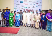 Center: Honourable Minister of State for Health and Social Welfare Dr Iziaq Adekunle Salako, flanked by his Left Senator Nnaji Nwokwo representing Delta North Senatorial District and 2nd is Dr Kamil Shoretire Permanent Secretary Designate representing Daju Kachollom S, PSH FMOHSW
