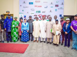Center: Honourable Minister of State for Health and Social Welfare Dr Iziaq Adekunle Salako, flanked by his Left Senator Nnaji Nwokwo representing Delta North Senatorial District and 2nd is Dr Kamil Shoretire Permanent Secretary Designate representing Daju Kachollom S, PSH FMOHSW