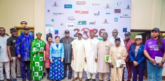 Center: Honourable Minister of State for Health and Social Welfare Dr Iziaq Adekunle Salako, flanked by his Left Senator Nnaji Nwokwo representing Delta North Senatorial District and 2nd is Dr Kamil Shoretire Permanent Secretary Designate representing Daju Kachollom S, PSH FMOHSW