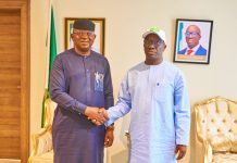 L-R: The Honourable Minister of Water Resources and Sanitation, Engr. Prof. Joseph Terlumun Utsev FNSE in a warm handshake with the Executive Governor of Edo State, Senator Monday Okpebolo, today at Government House Benin.