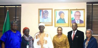 The Hon Min, FMITI Dr. Jumoke Oduwole MFR, (3rd right) the Perm. Sec. FMITI, Dr. Chris Osa Isokpunwu (2nd right) Sir. PPRS, FMITI, Mrs Iya I. Gamawa (1st right), Chairman of the board, Sen. Ibrahim M. Ida CON, (3rd left) , Rep. of CAC Registrar , Mrs Amina Adamu Fika (2nd left) and a member of the Board, Chief Kola Akosile (1st left) in a group photograph shortly after the Inauguration of the Governing Board of the Corporate Affairs Commission, held at the FMITI, Abuja, on Wednesday 22/4/26.