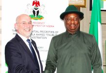 R-L: Hon. Minister of Aviation and Aerospace Development; Festus Keyamo SAN in a Handshake with Chief Commercial Officer of British Airways; Colm Lacy during Pre- British Airways 90th year Anniversary Courtesy Meeting held at the Hon. Minister's Conference, Abuja.