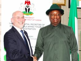 R-L: Hon. Minister of Aviation and Aerospace Development; Festus Keyamo SAN in a Handshake with Chief Commercial Officer of British Airways; Colm Lacy during Pre- British Airways 90th year Anniversary Courtesy Meeting held at the Hon. Minister's Conference, Abuja.
