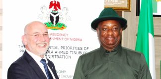 R-L: Hon. Minister of Aviation and Aerospace Development; Festus Keyamo SAN in a Handshake with Chief Commercial Officer of British Airways; Colm Lacy during Pre- British Airways 90th year Anniversary Courtesy Meeting held at the Hon. Minister's Conference, Abuja.