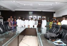 (Center) Coordinating Minister of Health and Social Welfare Professor Muhammad Ali Pate, Chairman Steering Committee of National Community Food Bank Programme flanked by his right Dr. Muyi Aina, Director General, NPHCDA and Secretary of the committee; flanked 2nd by his Left is Dr Oyebanji Filani, Representative of HCH and 1st is Dr. Mansur Muktar, Chair. BOI and other members of the committee and some Directors that attended physically the inaugural meeting.