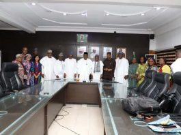 (Center) Coordinating Minister of Health and Social Welfare Professor Muhammad Ali Pate, Chairman Steering Committee of National Community Food Bank Programme flanked by his right Dr. Muyi Aina, Director General, NPHCDA and Secretary of the committee; flanked 2nd by his Left is Dr Oyebanji Filani, Representative of HCH and 1st is Dr. Mansur Muktar, Chair. BOI and other members of the committee and some Directors that attended physically the inaugural meeting.