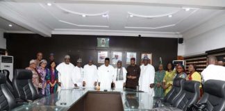(Center) Coordinating Minister of Health and Social Welfare Professor Muhammad Ali Pate, Chairman Steering Committee of National Community Food Bank Programme flanked by his right Dr. Muyi Aina, Director General, NPHCDA and Secretary of the committee; flanked 2nd by his Left is Dr Oyebanji Filani, Representative of HCH and 1st is Dr. Mansur Muktar, Chair. BOI and other members of the committee and some Directors that attended physically the inaugural meeting.