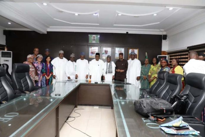 NCFBP Steering Committee Members (Center) Coordinating Minister of Health and Social Welfare Professor Muhammad Ali Pate, Chairman Steering Committee of National Community Food Bank Programme flanked by his right Dr. Muyi Aina, Director General, NPHCDA and Secretary of the committee; flanked 2nd by his Left is Dr Oyebanji Filani, Representative of HCH and 1st is Dr. Mansur Muktar, Chair. BOI and other members of the committee and some Directors that attended physically the inaugural meeting.