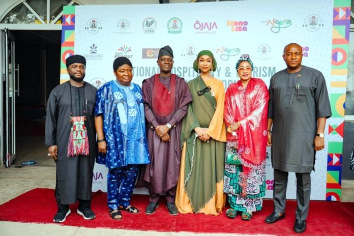National Hospitality and Tourism Stakeholders’ Forum L–R: Executive Director, Katsina State History and Culture Bureau, Dr Kabir Ali Masanawa; Commissioner for Arts and Culture, Ekiti State/Chairman, Forum of Commissioners, Prof. Rasaki Ojo-Bakare; Director-General, Nigerian Tourism Development Authority, Mr Ola Awakan; Minister of Art, Culture, Tourism and Creative Economy, Barr. Hannatu Musa Musawa; Commissioner for Culture and Tourism, Kano State, Hon. Aisha Lawan Saji; and Commissioner for Arts, Culture and Creative Economy, Abia State, Hon. Matthew C. Ekweribe, at the finale of the National Hospitality and Tourism Stakeholders Forum in Abuja on Wednesday, 1, April 2026.
