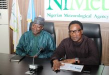 L-R: Permanent Secretary, Federal Ministry of Aviation and Aerospace Development; Mahmud Adam Kambari, FCNA, FICA and Director General, Nigeria Meteorological Agency; Prof. Charles Anosike during the Familiarization tour to the Agency Headquarter in Abuja.