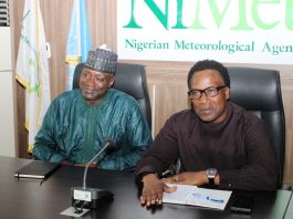 L-R: Permanent Secretary, Federal Ministry of Aviation and Aerospace Development; Mahmud Adam Kambari, FCNA, FICA and Director General, Nigeria Meteorological Agency; Prof. Charles Anosike during the Familiarization tour to the Agency Headquarter in Abuja.