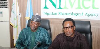 L-R: Permanent Secretary, Federal Ministry of Aviation and Aerospace Development; Mahmud Adam Kambari, FCNA, FICA and Director General, Nigeria Meteorological Agency; Prof. Charles Anosike during the Familiarization tour to the Agency Headquarter in Abuja.