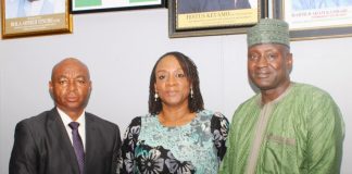 L-R: Director, Human Resource Management; Mr. Ejike Osibe; Managing Director/Chief Executive Officer Stransform Limited; Dr. Offiong Archibong and the Permanent Secretary, Federal Ministry of Aviation and Aerospace Development; Mahmud Adam Kambari FCNA FICA during the PASGA Close-Out Meeting.
