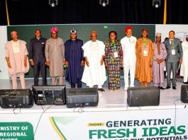 5th from Right - Left- Permanent Secretary, Ministry Of Regional Development, Dr. Ada Ogbe, Honourable Minister Of Regional Development, Engr. Abubakar Momoh and the Deputy Governor Of Edo State, Rt.Hon. Dennis Idahosa In A Group Photograph with some Development Commissions Chairmen during the Retreat in Benin City.