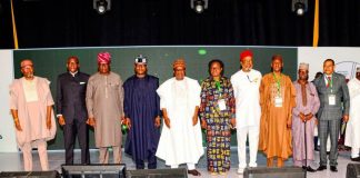 5th from Right - Left- Permanent Secretary, Ministry Of Regional Development, Dr. Ada Ogbe, Honourable Minister Of Regional Development, Engr. Abubakar Momoh and the Deputy Governor Of Edo State, Rt.Hon. Dennis Idahosa In A Group Photograph with some Development Commissions Chairmen during the Retreat in Benin City.