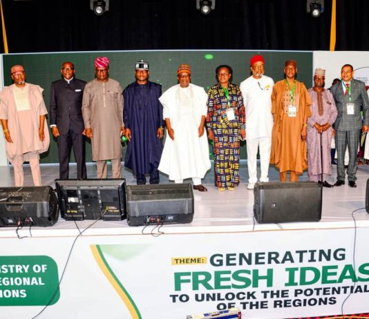 5th from Right - Left- Permanent Secretary, Ministry Of Regional Development, Dr. Ada Ogbe, Honourable Minister Of Regional Development, Engr. Abubakar Momoh and the Deputy Governor Of Edo State, Rt.Hon. Dennis Idahosa In A Group Photograph with some Development Commissions Chairmen during the Retreat in Benin City.