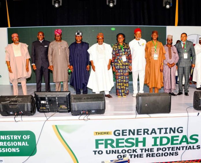 5th from Right - Left- Permanent Secretary, Ministry Of Regional Development, Dr. Ada Ogbe, Honourable Minister Of Regional Development, Engr. Abubakar Momoh and the Deputy Governor Of Edo State, Rt.Hon. Dennis Idahosa In A Group Photograph with some Development Commissions Chairmen during the Retreat in Benin City.